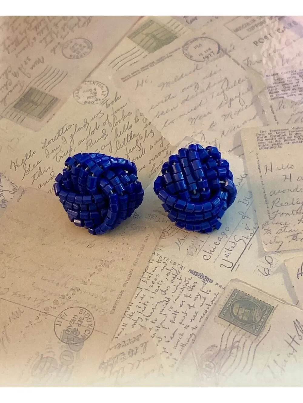 Vintage Bold Blue Beaded Knot Earrings - Statement Studs for Fun Style